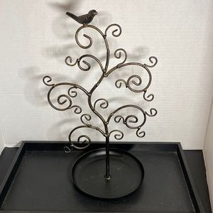 Metal Jewelry Tree stand in antique brush gold and black dish
